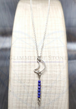 Load image into Gallery viewer, Sterling Silver Necklace with Crescent Moon and Genuine Natural Lapis Lazuli Gemstones- Hanging In Overnight LEO- LEOW