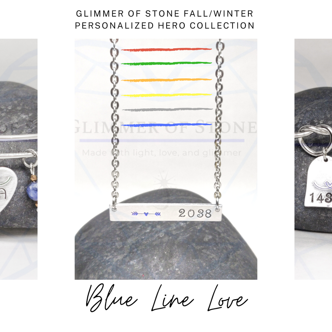 Blue Line Love- Custom Handstamped Badge Number Necklace- LEO -LEOW- Firefighter- Military-