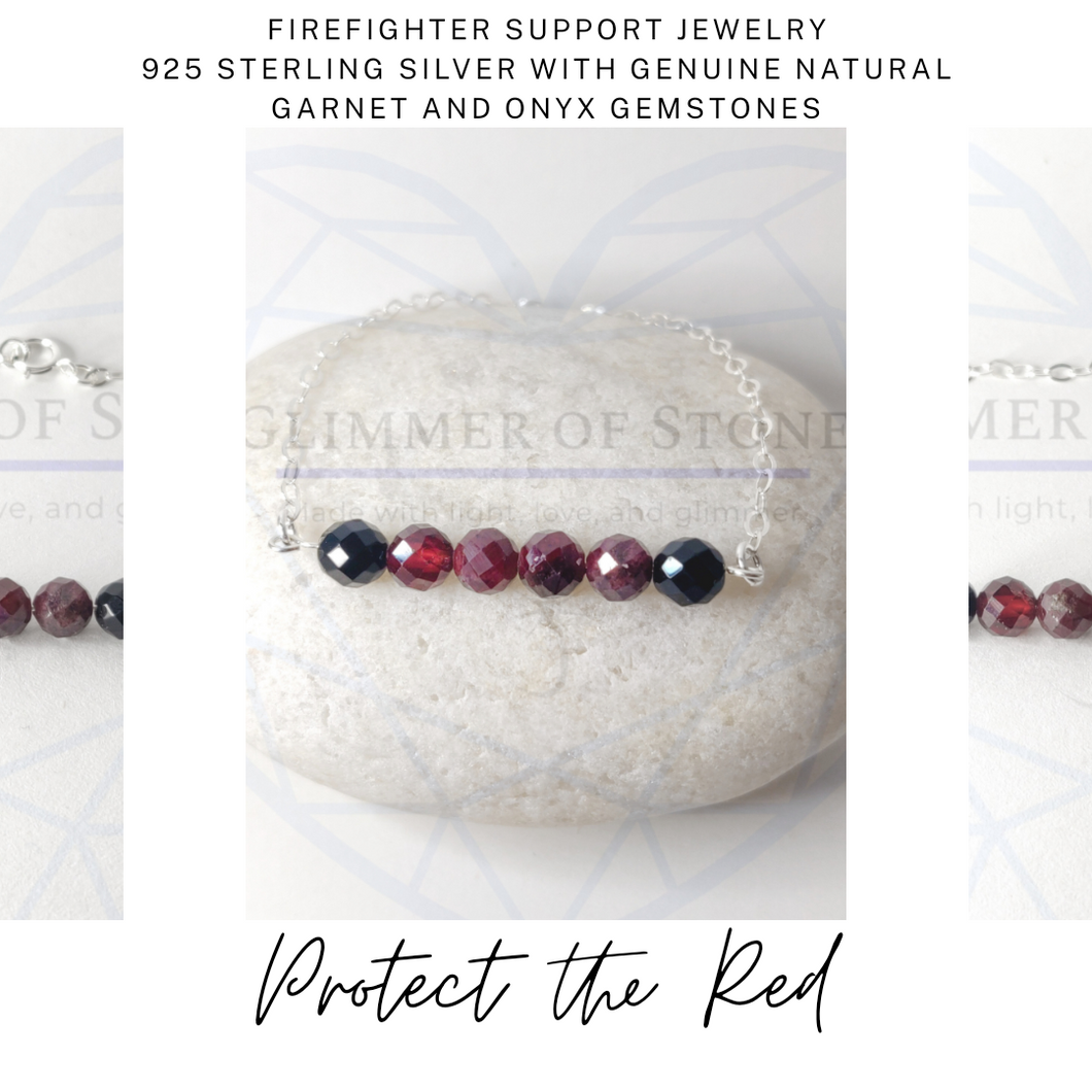 Sterling Silver Protect the Red Bracelet with Genuine Garnet and Onyx Gemstones- Fire Department