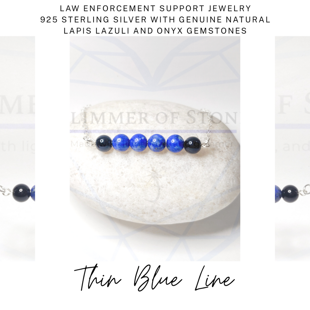 Sterling Silver Bracelet with Genuine Natural Round Lapis Lazuli & Onyx Gemstones- LEO- LEOW