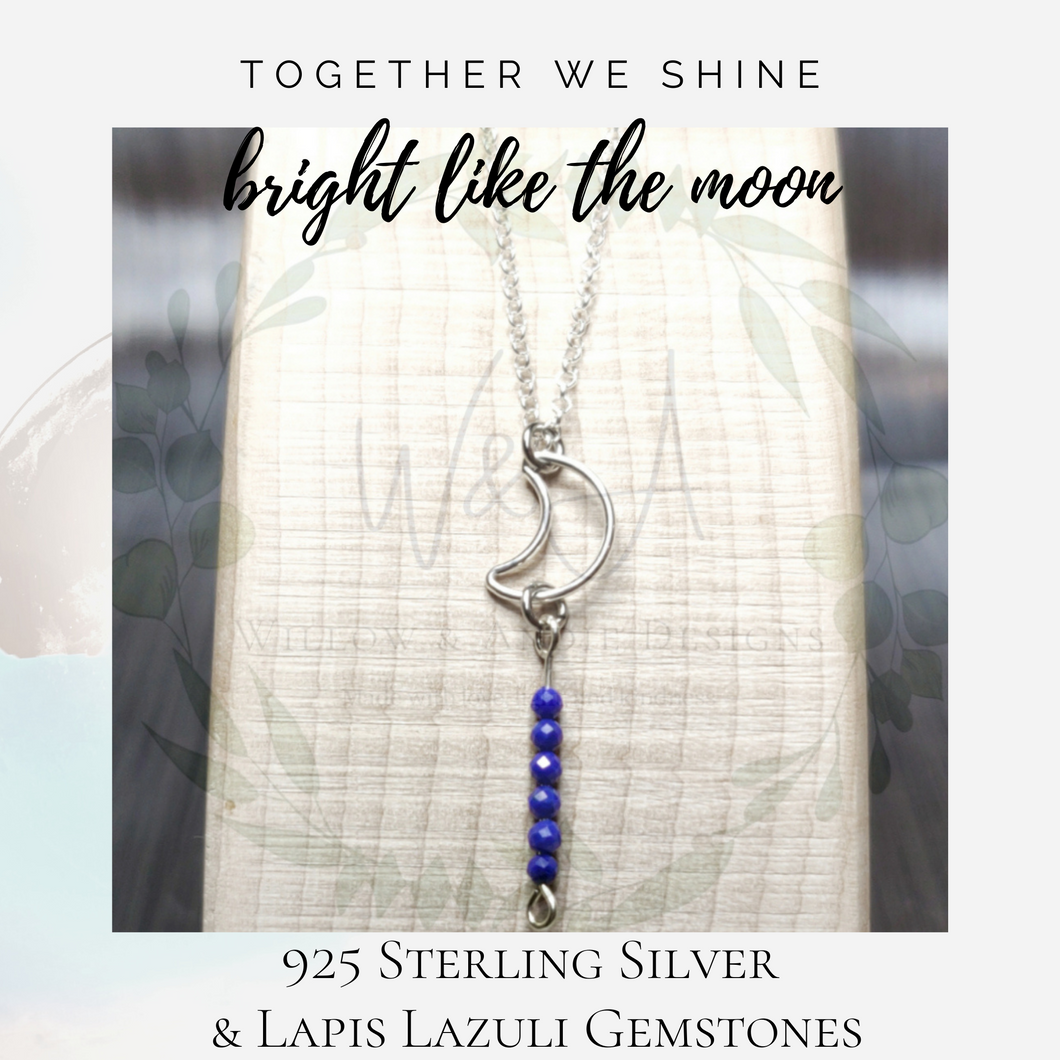 Together We Shine Bright Like the Moon-Sterling Silver Crescent Moon Necklace with Genuine Lapis Lazuli Gemstones