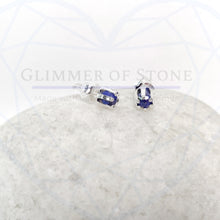 Load image into Gallery viewer, Classic Sterling Silver Solitaire Stud Earrings with Genuine Natural Lapis Lazuli Gemstone- LEO- LEOW
