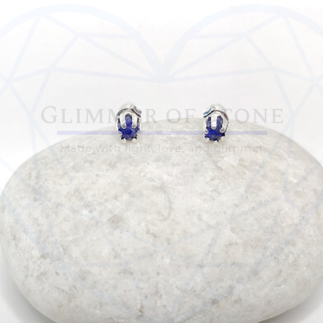 Classic Sterling Silver Solitaire Stud Earrings with Genuine Natural Lapis Lazuli Gemstone- LEO- LEOW