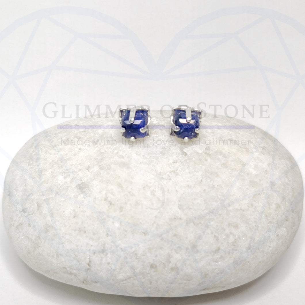 Classic Sterling Silver Solitaire Stud Earrings with Genuine Natural Sodalite Gemstone- LEO- LEOW