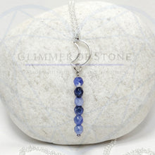 Load image into Gallery viewer, Sterling Silver Necklace with Crescent Moon and Genuine Natural Sodalite Gemstones- Hanging In Overnight LEO- LEOW
