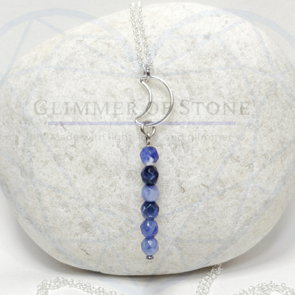 Sterling Silver Necklace with Crescent Moon and Genuine Natural Sodalite Gemstones- Hanging In Overnight LEO- LEOW