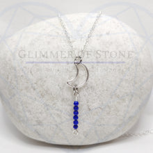 Load image into Gallery viewer, Sterling Silver Necklace with Crescent Moon and Genuine Natural Lapis Lazuli Gemstones- Hanging In Overnight LEO- LEOW
