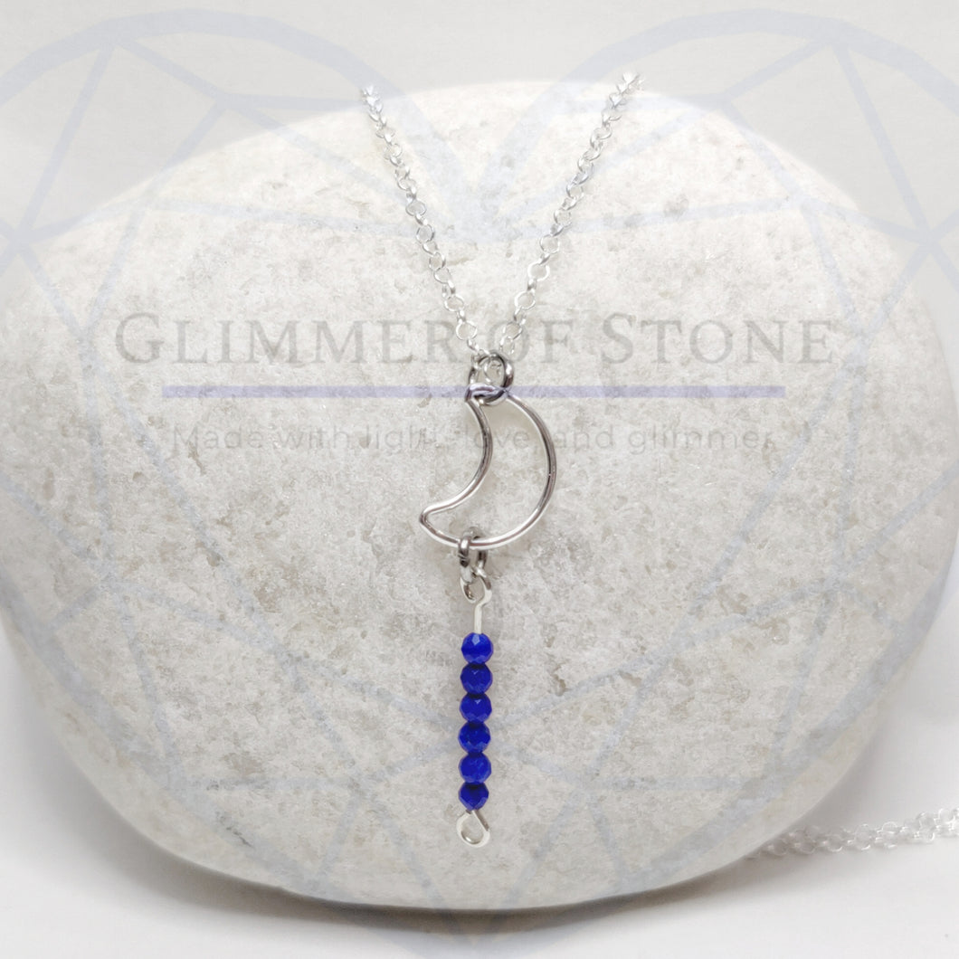 Sterling Silver Necklace with Crescent Moon and Genuine Natural Lapis Lazuli Gemstones- Hanging In Overnight LEO- LEOW