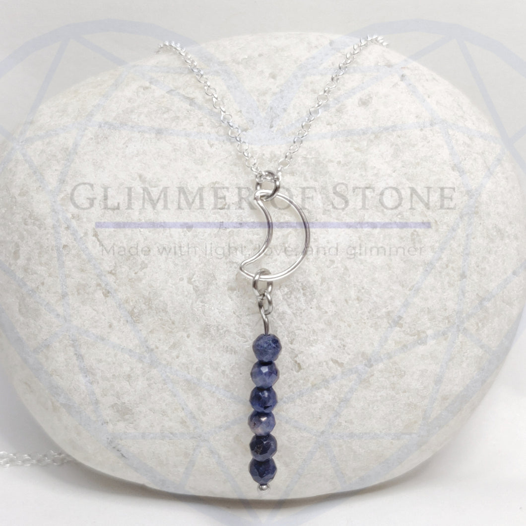 Sterling Silver Necklace with Crescent Moon and Genuine Natural Sapphire Gemstones- Hanging In Overnight LEO- LEOW